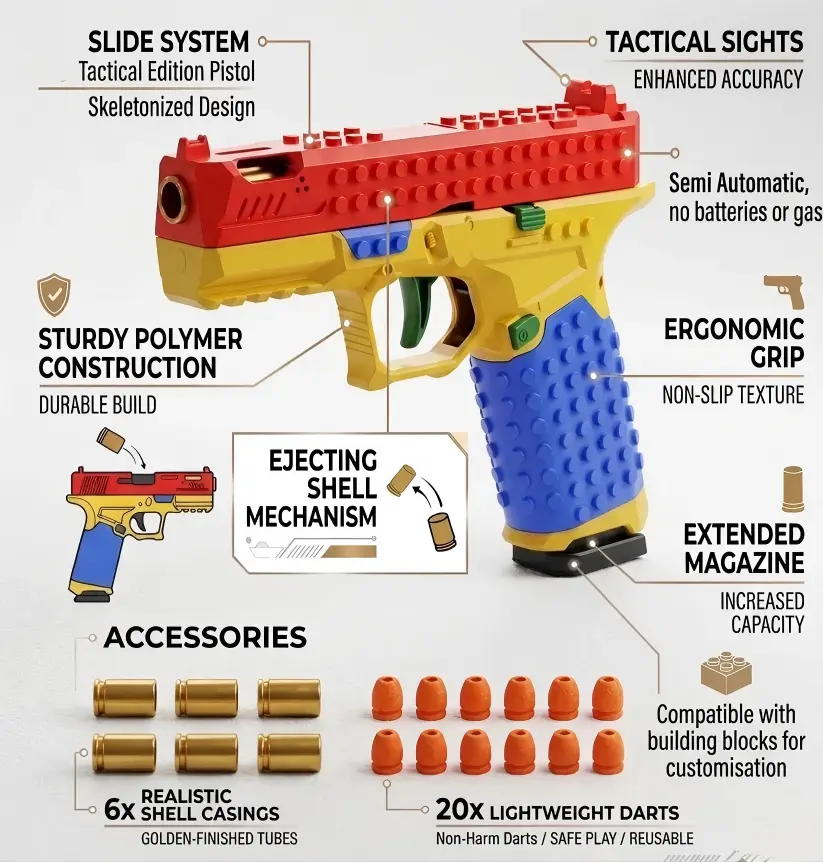 POPLAYO G17 building block toy pistol exploded view with shell ejection parts and accessories