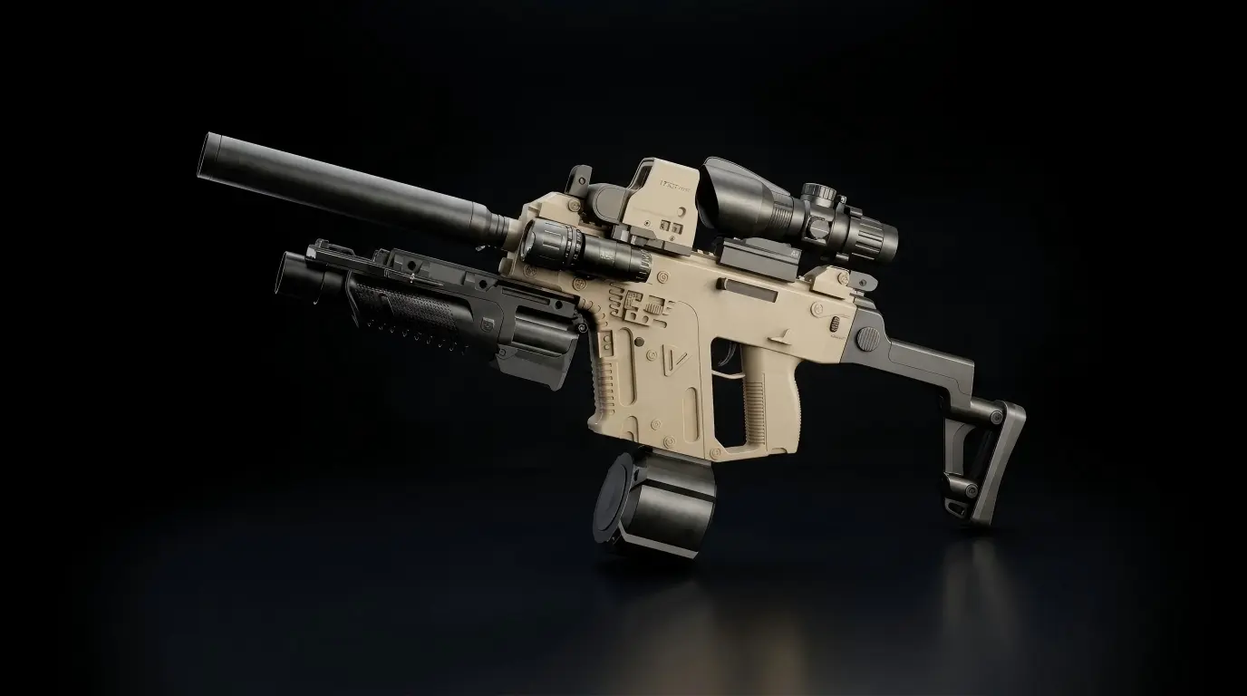 Victor gel blaster toy gun with tactical accessories on a dark background