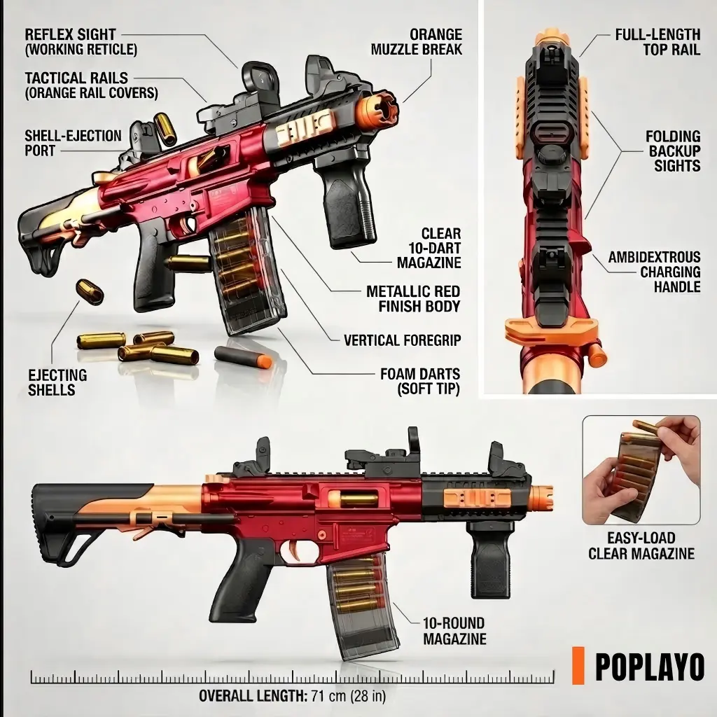 APR9 electric foam dart rifle firing in auto mode - shell ejecting toy gun with red dot sight and vertical foregrip
