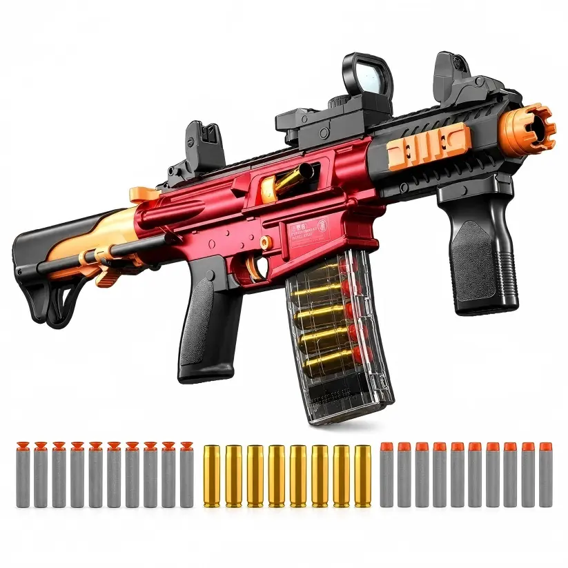 Electric shell ejecting toy rifle with adjustable stock, modular battery, red dot sight and vertical foregrip