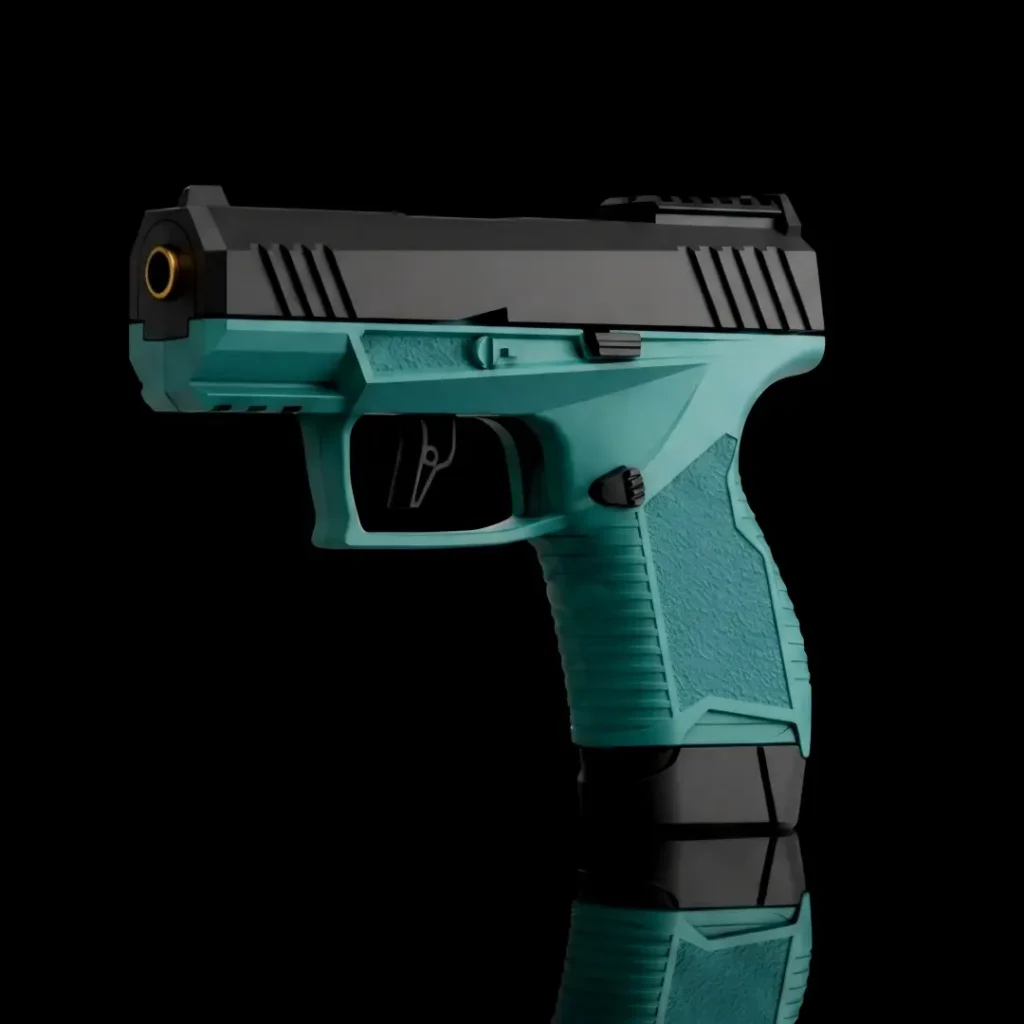 Cyan Glock shell ejecting toy gun with 8 golden shells and 20 soft foam bullets