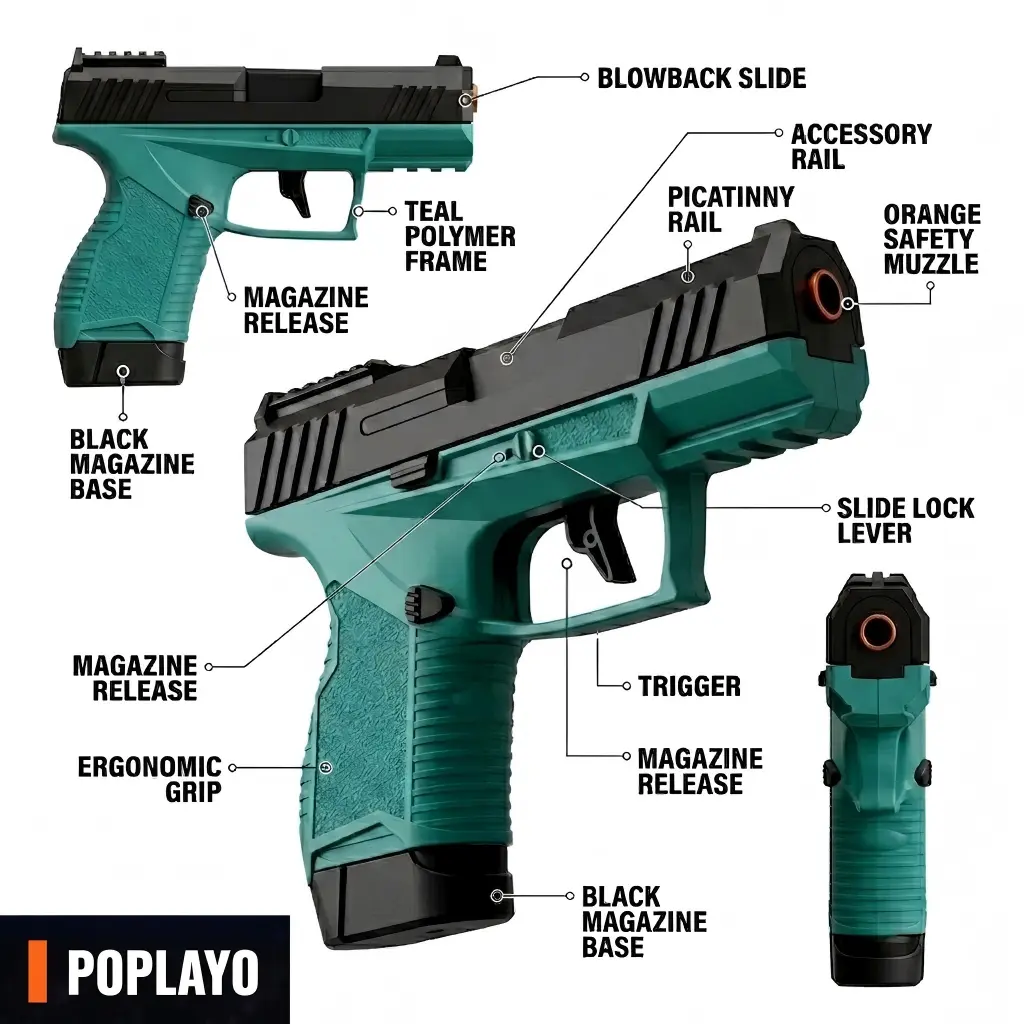 Shell ejecting toy gun in action - cyan Glock foam dart pistol ejecting a golden shell casing