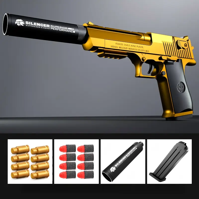 Realistic foam dart blaster pistol with golden shell casings, soft foam bullets, silencer and detachable magazine