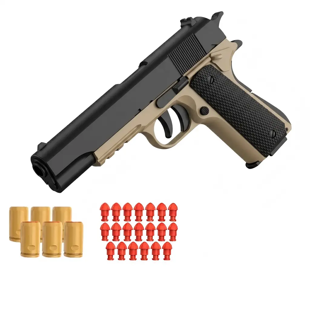 M1911 trigger-linked toy gun firing - black shell ejecting foam dart pistol in action