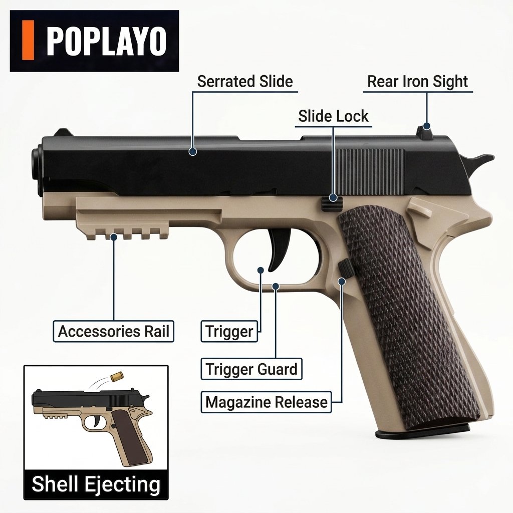 Realistic M1911 foam dart blaster pistol with golden shell casings and detachable bottom-fed magazine