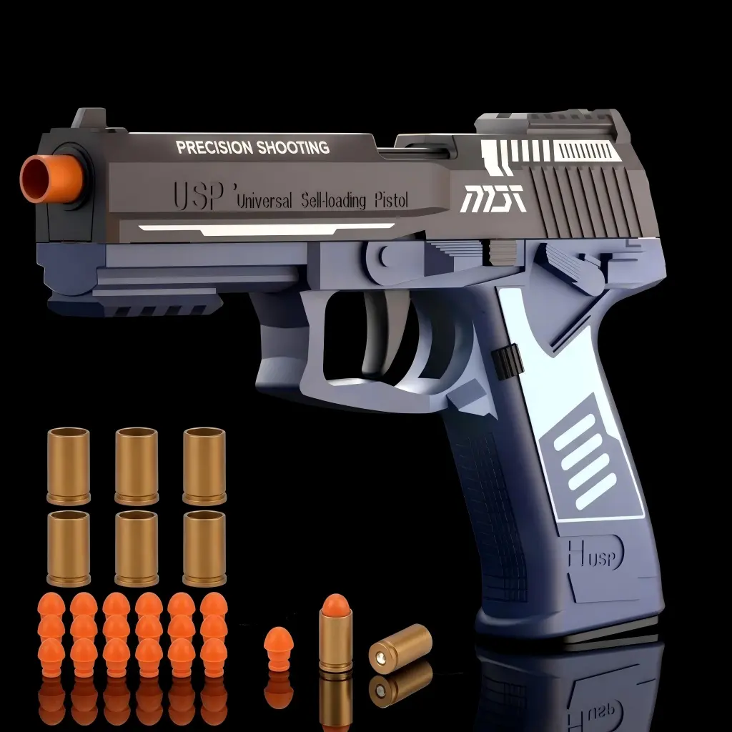 Blue USP45 shell ejecting toy gun with 8 golden shells and 20 soft foam bullets