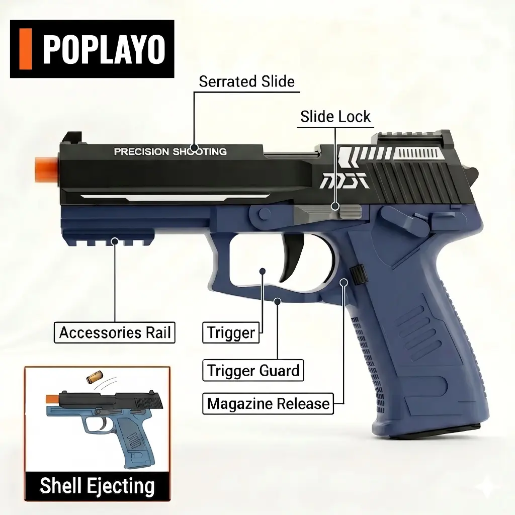 Shell ejecting toy gun in action - blue USP45 foam dart pistol ejecting a golden shell casing