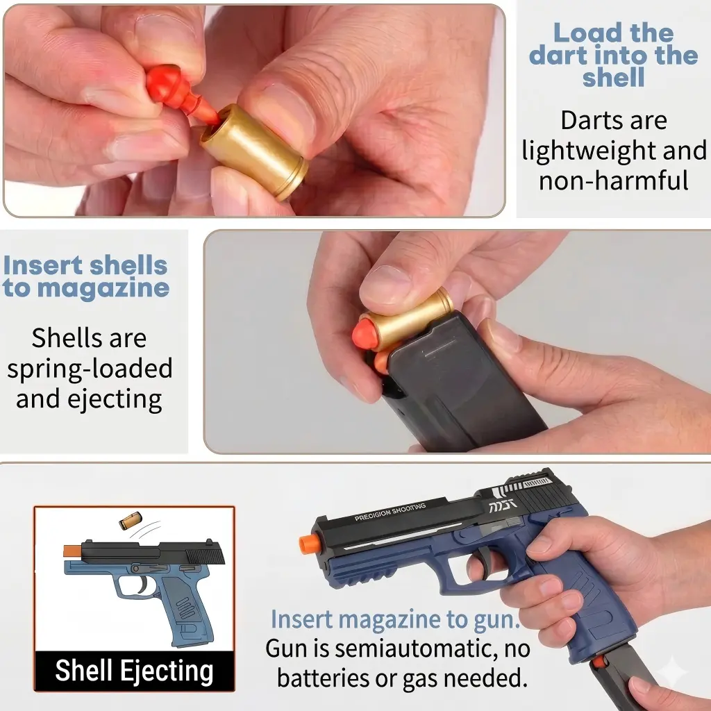 Realistic foam dart blaster pistol with golden shell casings, 20 soft foam bullets and detachable magazine