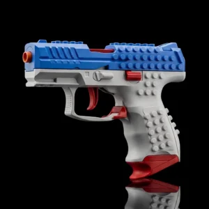 Blue-white VP9 building block shell ejecting toy gun with 6 golden shells and 20 soft foam darts