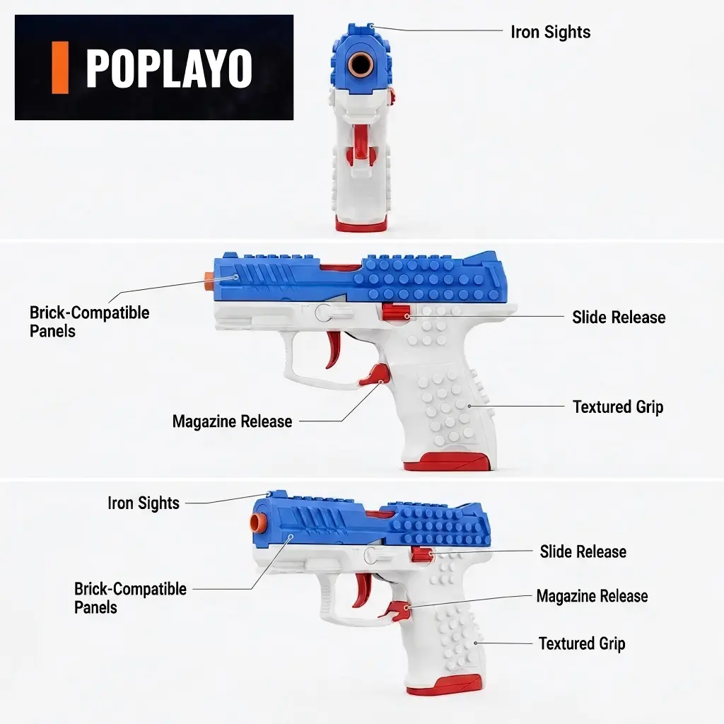 VP9 brick blaster firing - shell ejecting building block toy gun in action with trigger-linked firing