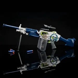 M249 SAW full-auto foam dart blaster with ACOG-style scope, bipod, carry handle and belt-fed-style ammo box