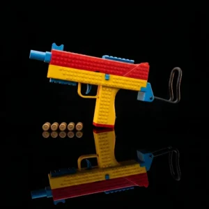 Mac-10 building block shell-ejecting toy gun with folding stock and extended magazine